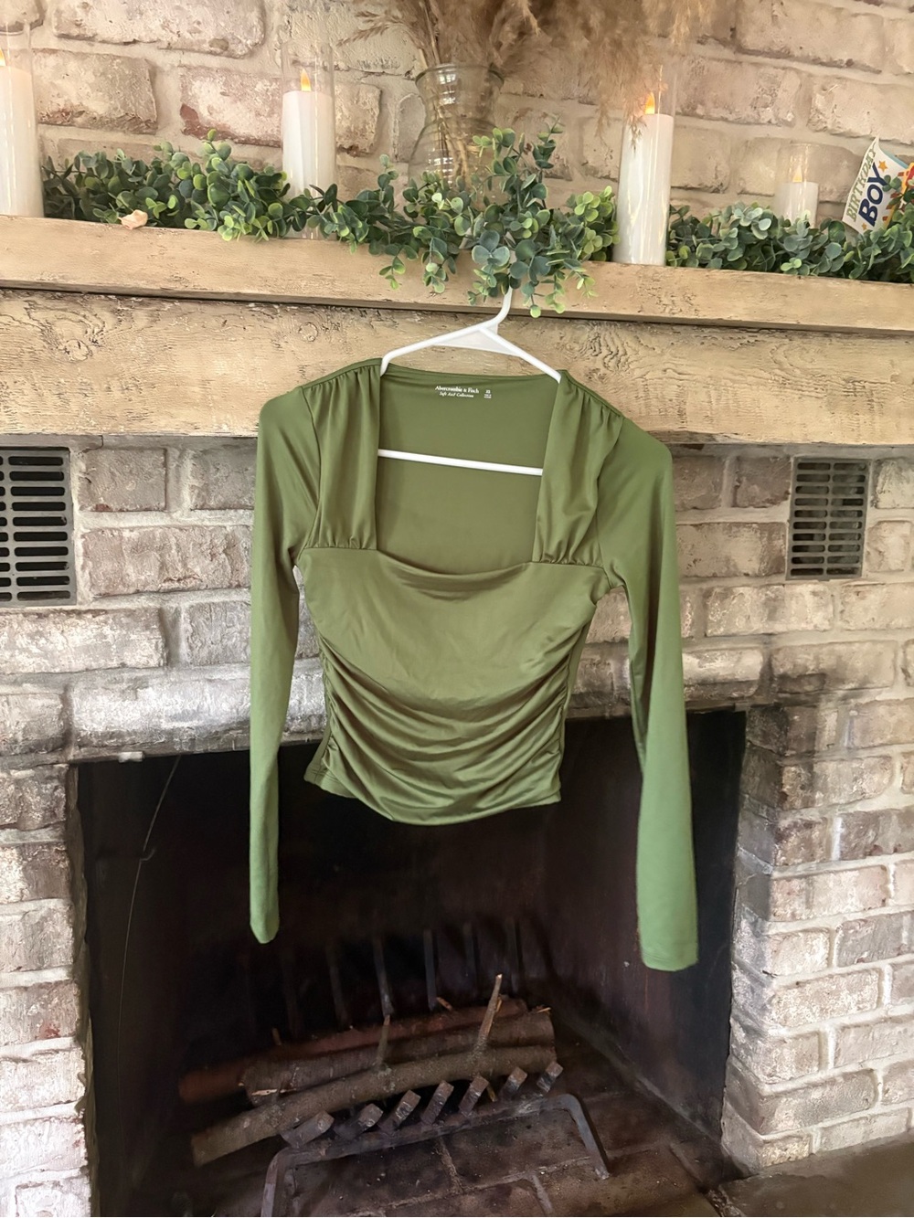 Abercrombie & Fitch Olive Green Long Sleeve Ruched Scoop Top
